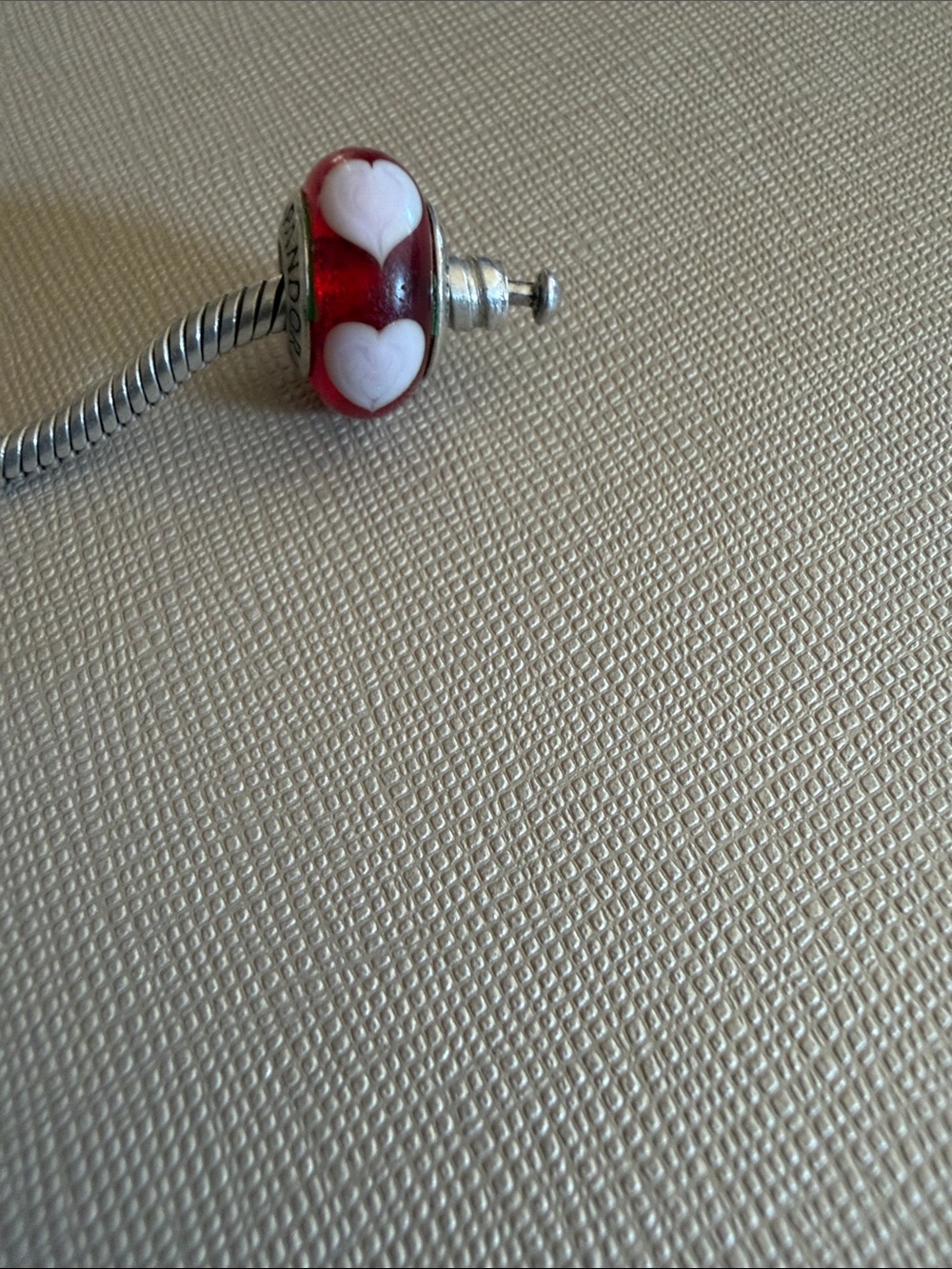 Pandora Red Glass Charm Bead with White Hearts